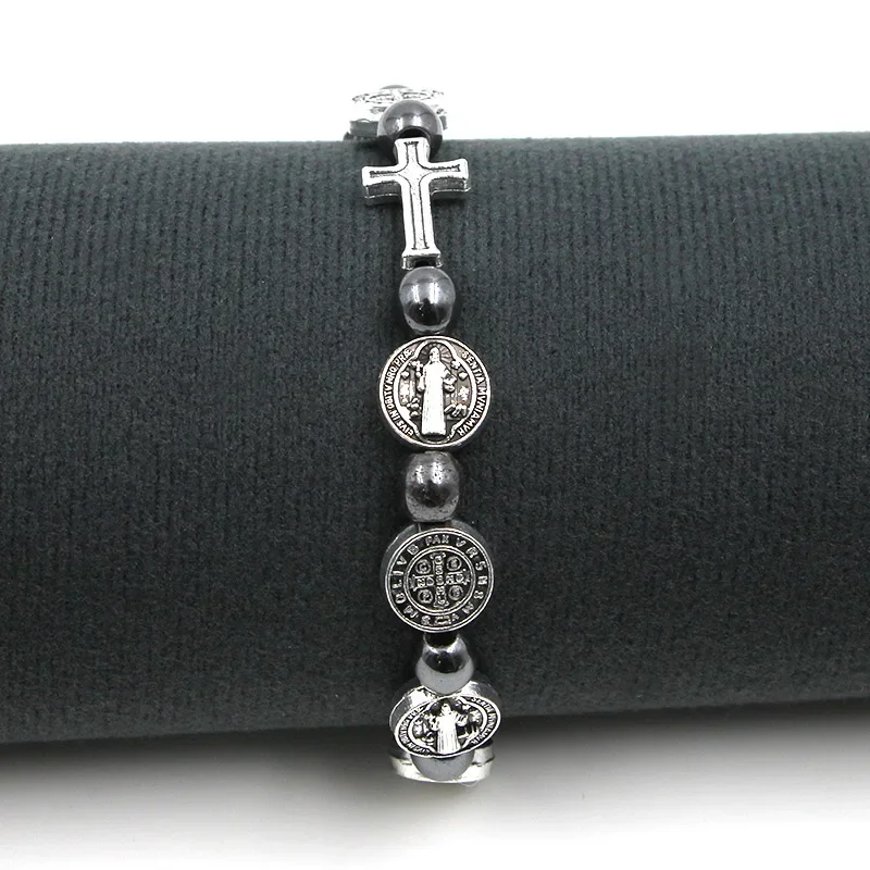 Catholic Rosary Bracelet St. Benedict Medal Cross Prayer Bracelets Hematite Beads Religion Jewelry Accessories