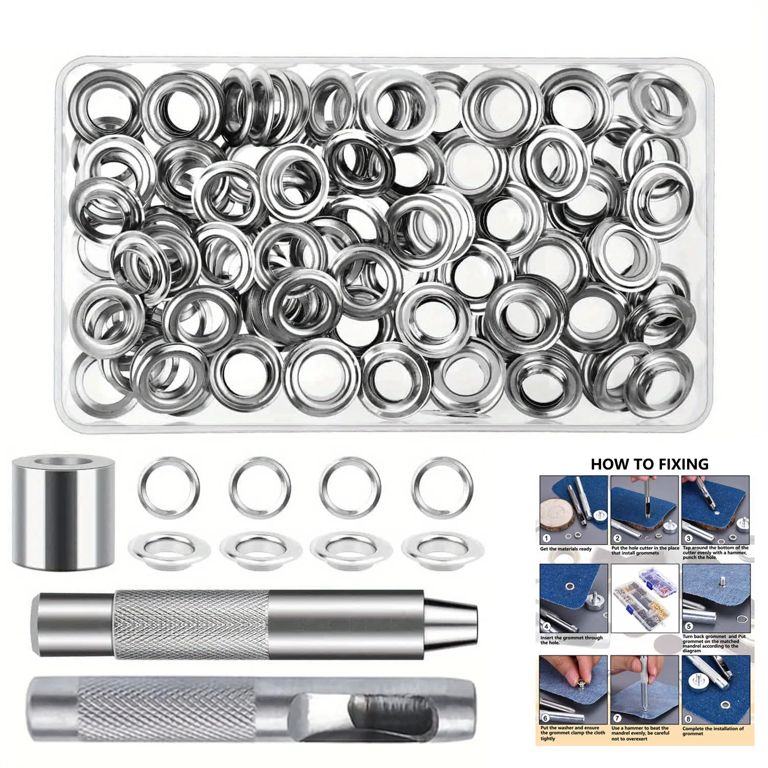 Kit de Ferramentas para Ilhoses de 6-12mm com 103 Peças, 100 Conjuntos de Ilhoses e 3 Ferramentas para Couro, Roupas, Sapatos, Bolsas, Barracas e Artesanato DIY