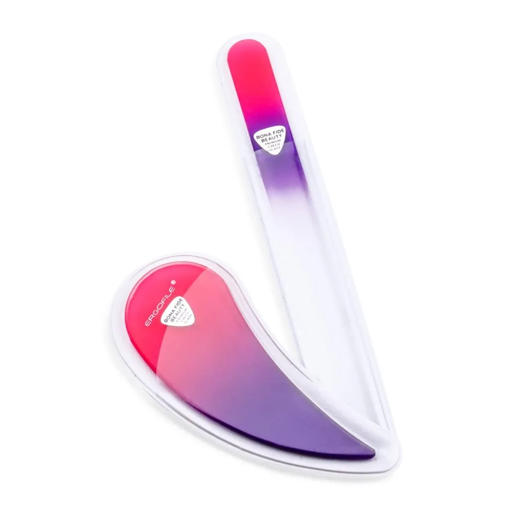 Conjunto de manicure de lixa de unha de vidro, aperto confortável Ergofile de gota ergonômica (rosa/violeta) vidro checo com empurrador de cutícula de vidro (transparente),