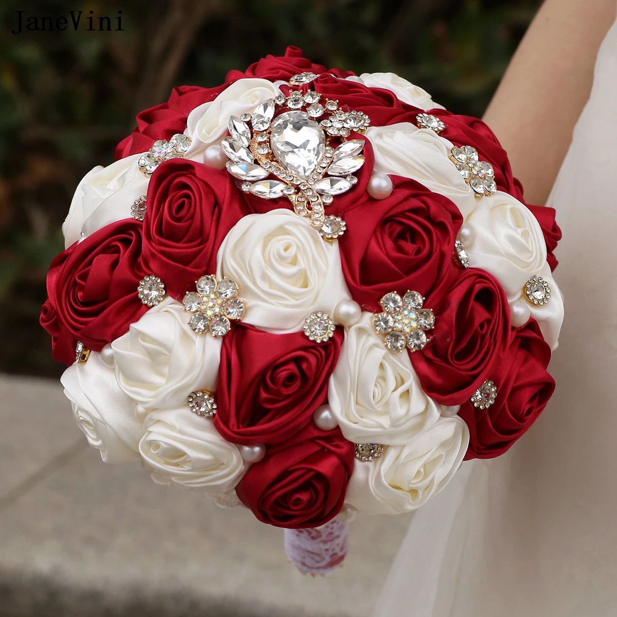 JaneVini New 2025 Burgundy Ivory Bridal Bouquets Sparkly Rhinestones Pearls Artificial Satin Roses Wedding Bride Holding Flowers