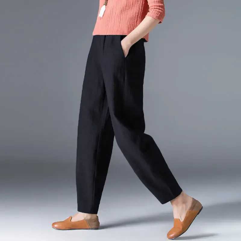 Wide Leg Cotton Pants Women Oversize Solid Color Harem Summer Casual Elastic Waist Ankle Pants Women's Clothing Z915