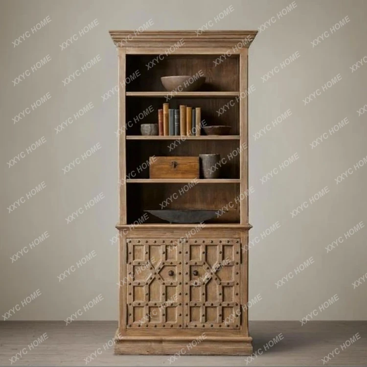 QQ retro solid wood oak  antique multi-layer bookshelf rivet model with door