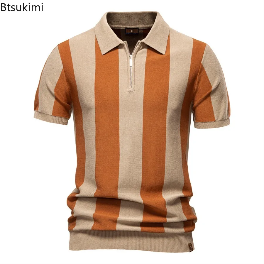 2025 Men's Summer Breathable Stripe Contrast Panel Polo Shirts New Business Casual Short Sleeve Knit Shirt Male Golf Sports Tops