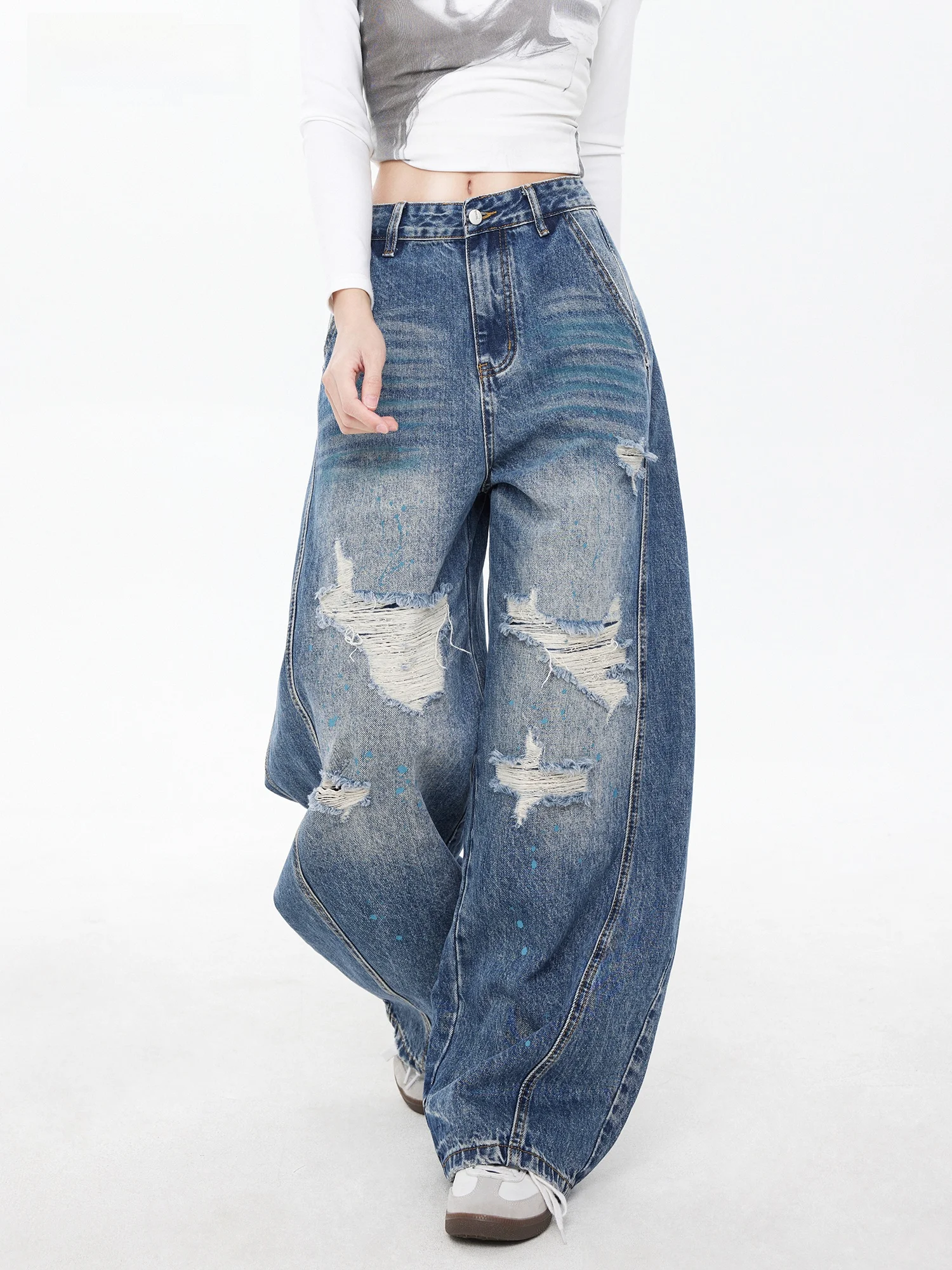 

Blue Wide Leg Jeans Women's Casual Washed American Style Graffiti Design Summer New Arrival E.D.X Loose Fit Natural Waist