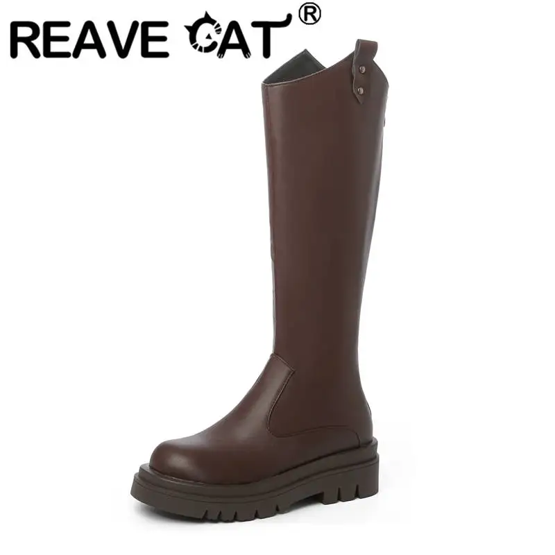 

REAVE CAT Knight's Style Boots Womens Knee High 37cm Thick Heel 5cm Zipper Round Toe Solid Big Size 33-44 Western Boots S4207