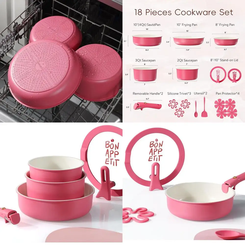 

Набор посуды с отсоединяемыми ручками и антипригарным покрытием, 18 предметов, с крышками, которые можно ставить вертикально, подходит для духовки, совместим с индукционными плитами, розовый цвет