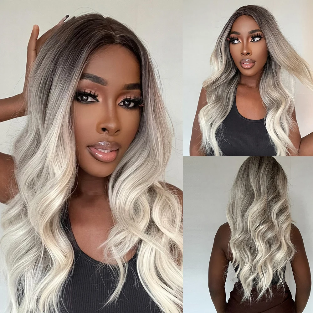 Synthetic Wigs Long Body Wave Ombre Dark Brown Blonde Ash White Wig Middle Part Wavy Hair for Women Afro Daily Heat Resistant