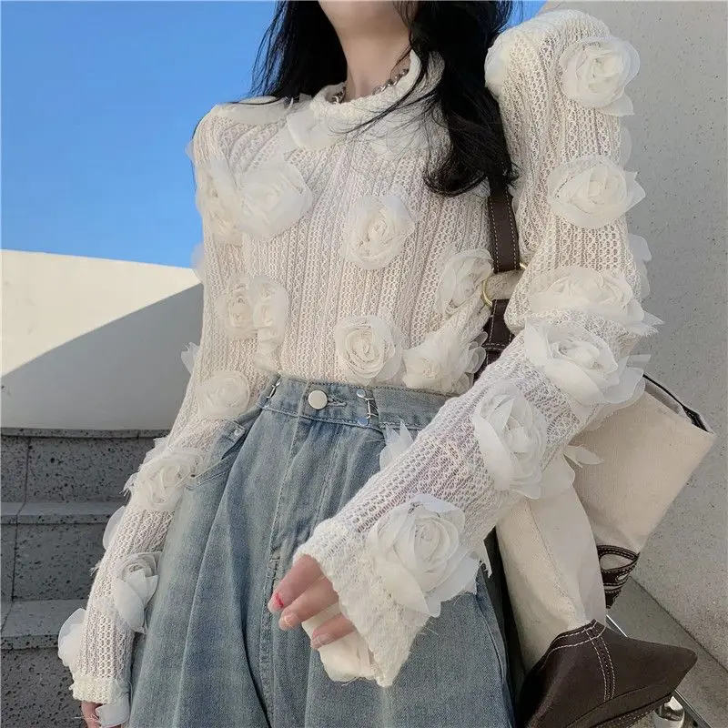 2024 New Lace Slim Hollow Out Long Sleeve Bottom Top Spring Autumn O-Neck Fashion Crop Top Tee All-match Trend Tshirt Pullovers