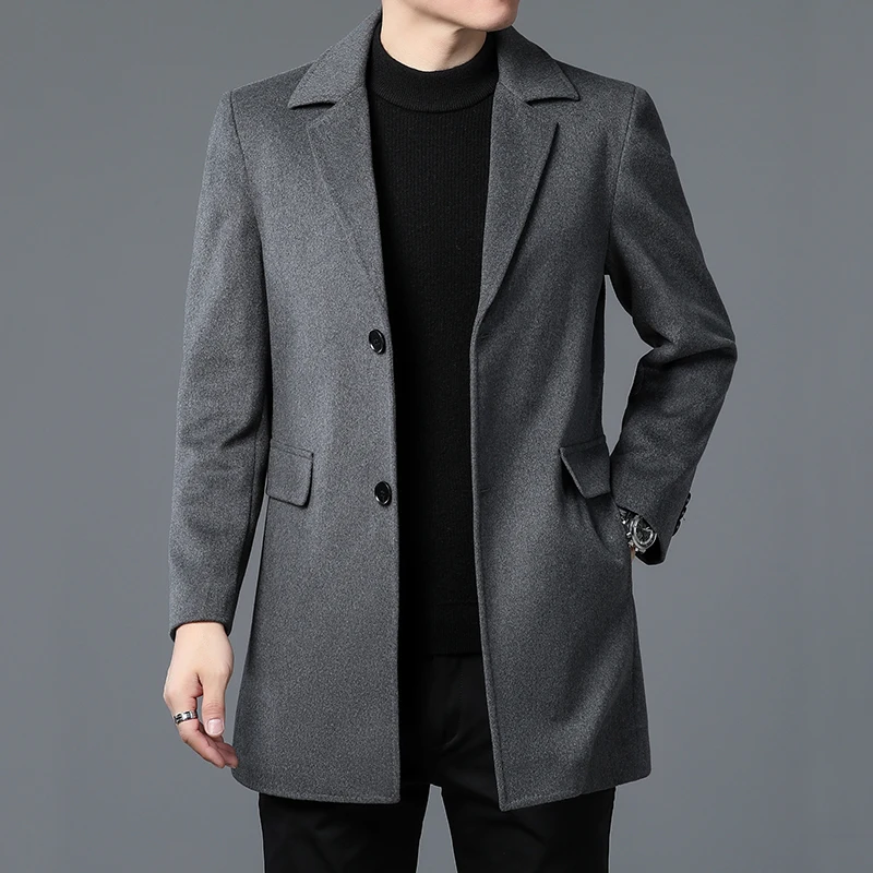 Winter Men Wool Essential Coat Black Gray Thick Thermal Overcoat With Detchable Down Puff Vest Attire Gentlemen Warm Soft Outfit
