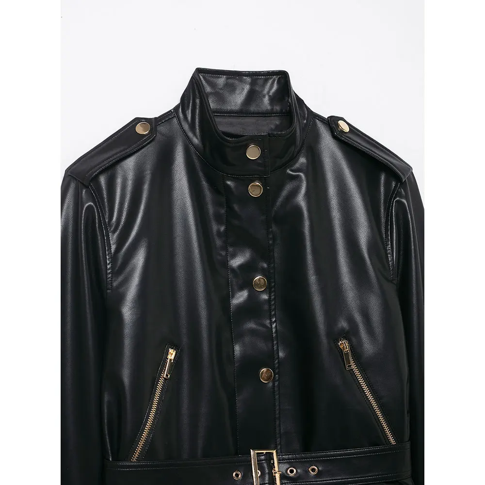 DUOPERI Women's Fashion With Belt PU Black Jackets High Street Stand Collar Long Sleeves Female Elegant Chic Lady Coats Outfits