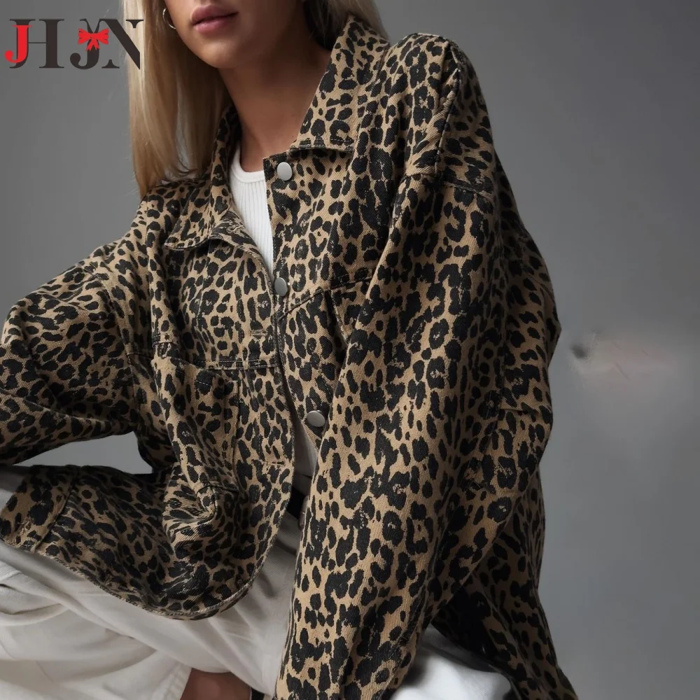 Jhjn vintage único breasted solto leopardo jaqueta moda casacos exclusivos streetwear roupas femininas inverno 2024 outono novo estilo