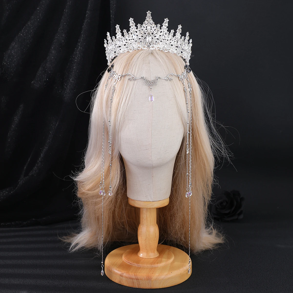 Shiny All Crystal Fairy Queen Tiara Long Teardrop Tassel Forehead Jewelry Set Halloween Wedding Party Hair Accessories for Women