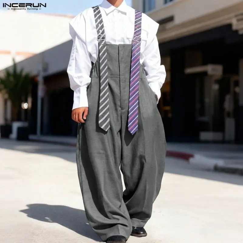 INCERUN Men Jumpsuits Striped Patchwork Sleeveless Casual Straps Rompers Men Streetwear Baggy 2026 Male Wide Leg Overalls Pants