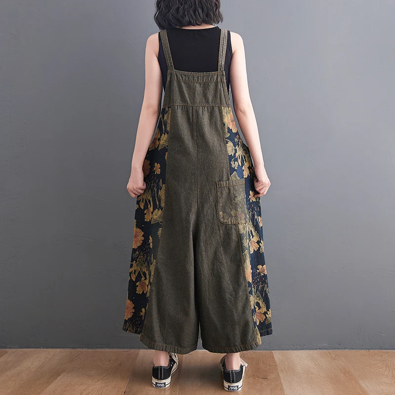 Zoete bloemen bedrukte denim jumpsuit dames zomer 2025, nieuwe grote maat mode zakoverall losse wijde pijpen enkellange broek