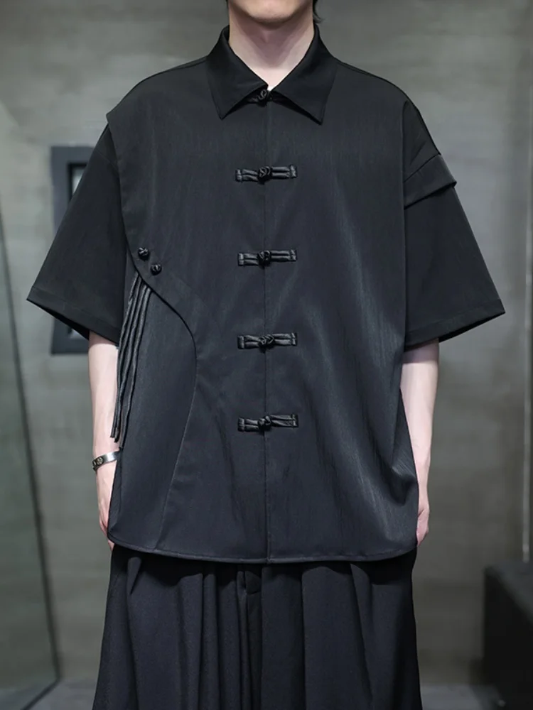 

Ice Silk ort Sve irt Men's Retro Button Tang Costume Improved Hanfu Summer New Chinese Sle Loose Fit Youth Faion