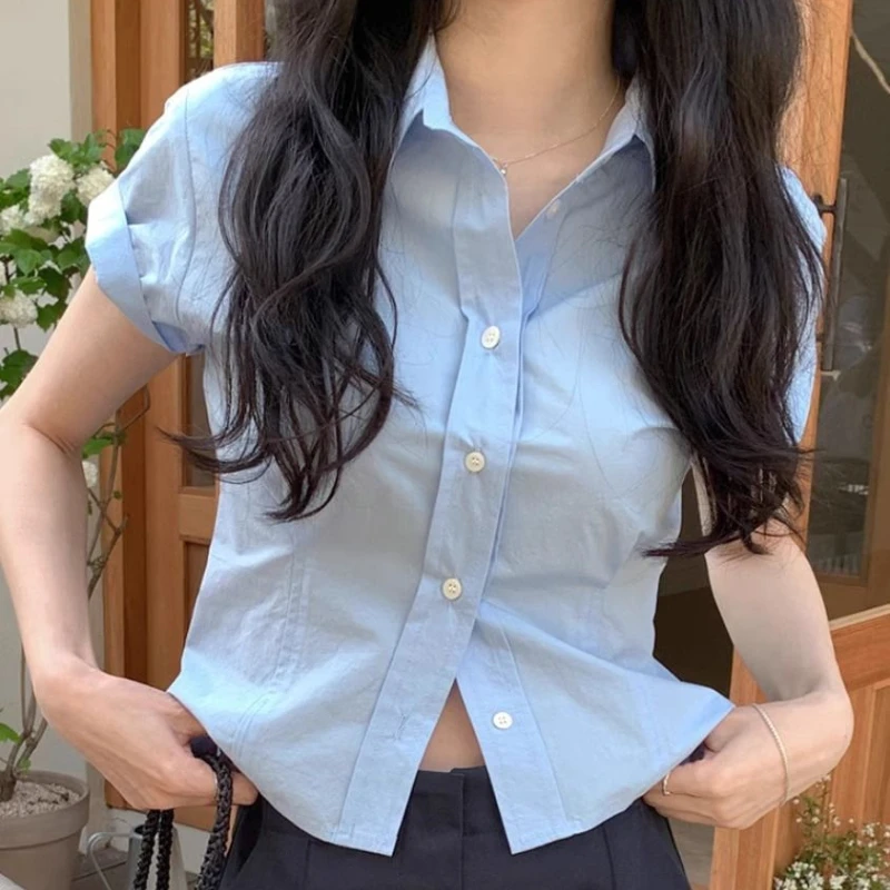 Age-reducing Retro Niche Temperament Short-sleeved Shirt  Women with High Waist Slimming Waist Striped Shirt