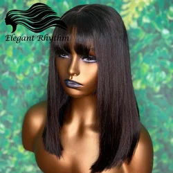 Peluca de cabello humano liso con flequillo para mujeres negras, pelo liso Bob 3x1 HD con flequillo, densidad del 180%, color negro Natural, sin pegamento