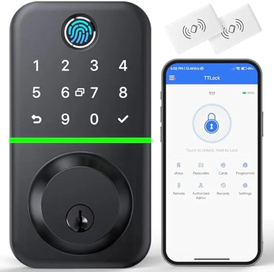 

Smart Keyless Entry Door Lock with Fingerprint, Bluetooth, App Control - Easy Install for Front Doors