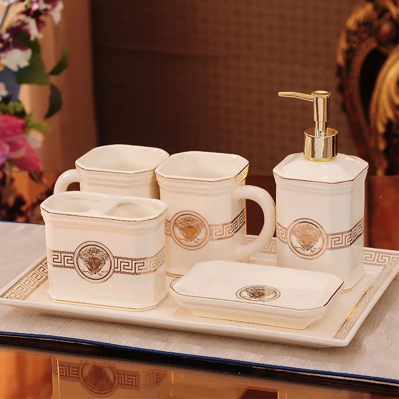 Bathroom Accessories Set Ceramic Soap Dispensers Toothbrush Holder Gargle Cups With Tray Trash Can Tissue Box Wedding Gifts