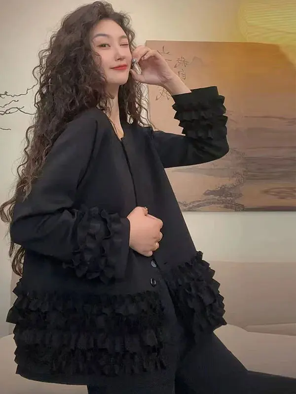 Design Sensation Wood Grain  Splicing Outerwear Popular This Year Women's New Top Beautiful Small Audience Open Cardigan