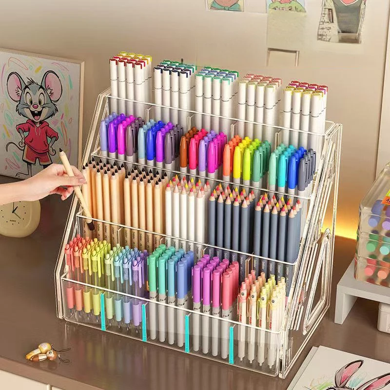 Large Storage Acrylic Divided Pen Holder, Desktop Watercolor Marker & Paint Brush Rack Artist Stationery Storage Box