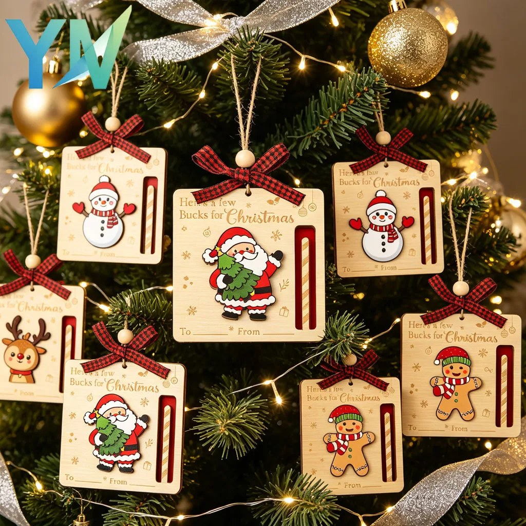 4-20PC Wooden Christmas Money Holder Clip Decorative Tag Ornament Pendant Craft for Holiday Party Gift Home Hanging Keepsake