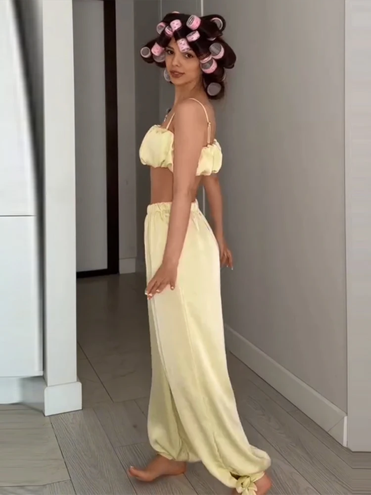 Plissierte kurze Tube-Tops, Hosenanzüge für Damen, sexy Spaghettiträger, ärmelloses, kurzes Top, elastische Taille, Schnürhose, neue Outfits – Detail 15