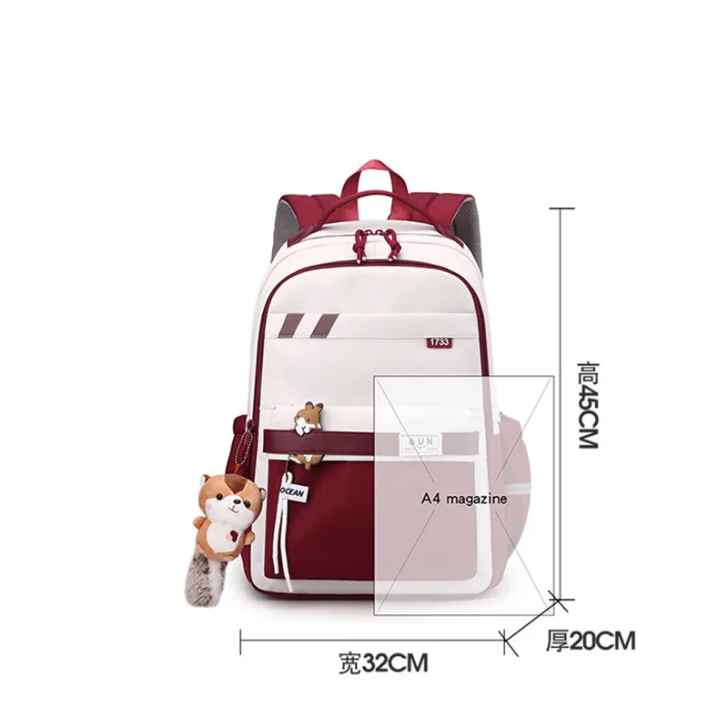 Cute Squirrel Girl school bag with pendant for teenage girls High school waterproof backpack schoolbag suitable for grades 3-6