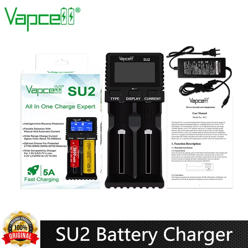 Original Vapcell SU2 Smart Charger 2 Slots Battery Charger 5A 3.2v Fast Charging  Li ion Ni - MH Ni-Cd Battery Charger 18650