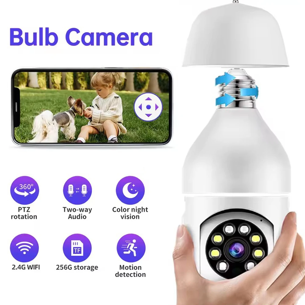 

8MP E27 Bulb Camera Color Night Vision Indoor PTZ 360 ° Panoramic View Home surveillance IP Camera Two-way Audio Motion Tracking