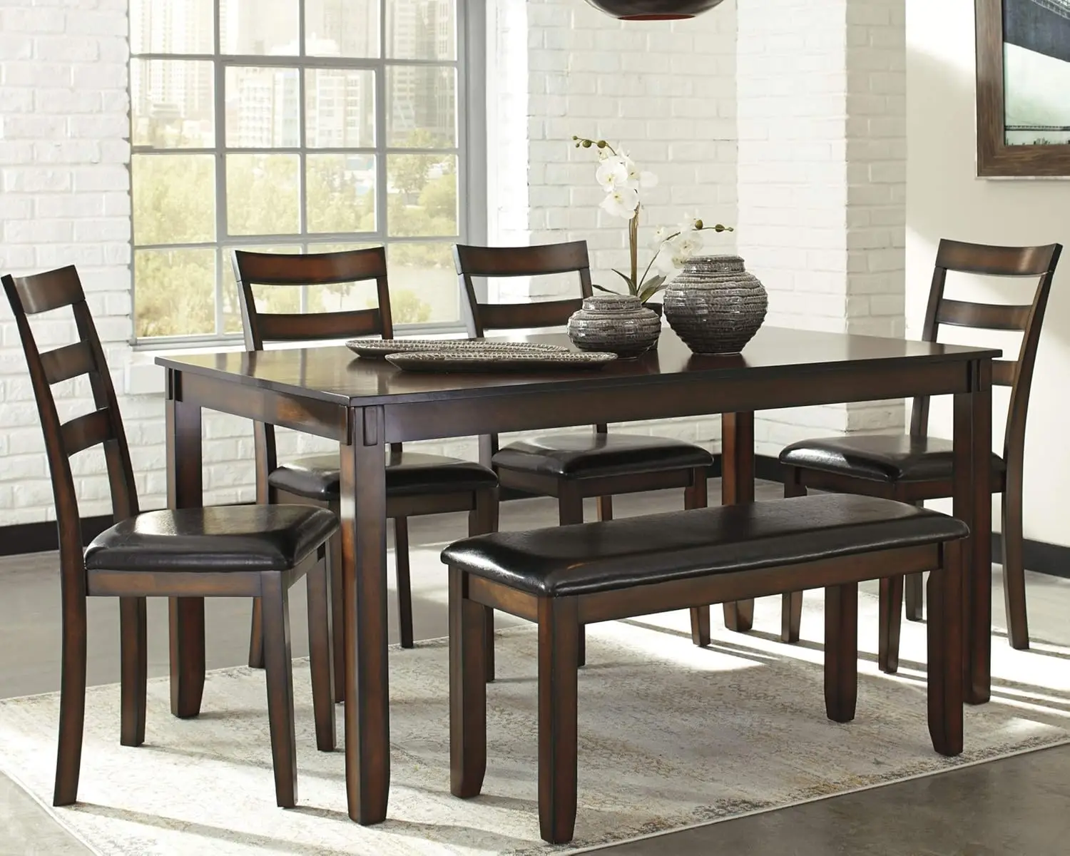 Coviar 6 Piece Dining Set, Includes Table 4 Chairs & Bench Dark Brown Table measures 36