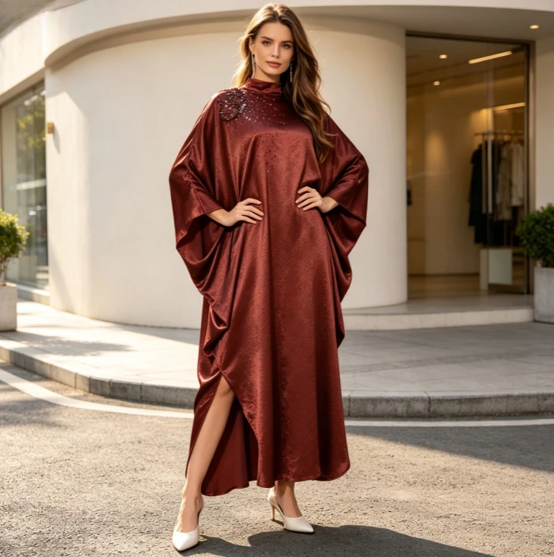 Eid Women Abaya Party Dresses Long Robe Ramadan Morocco Dubai Kaftan Vestidos Jalabiya Muslim Diamonds Abayas Batwing Sleeve