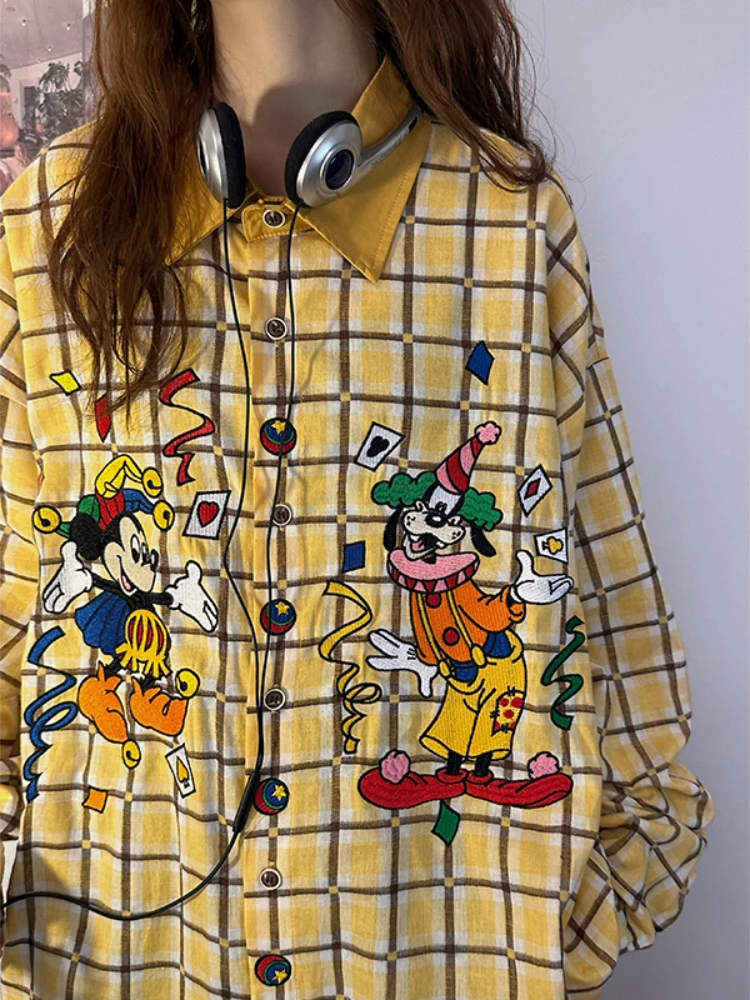 Japanese Retro Cartoon Embroidered Plaid Long-sleeved Shirt Women 2024 Spring Autumn Loose Lapel Single-breasted Cotton Tops