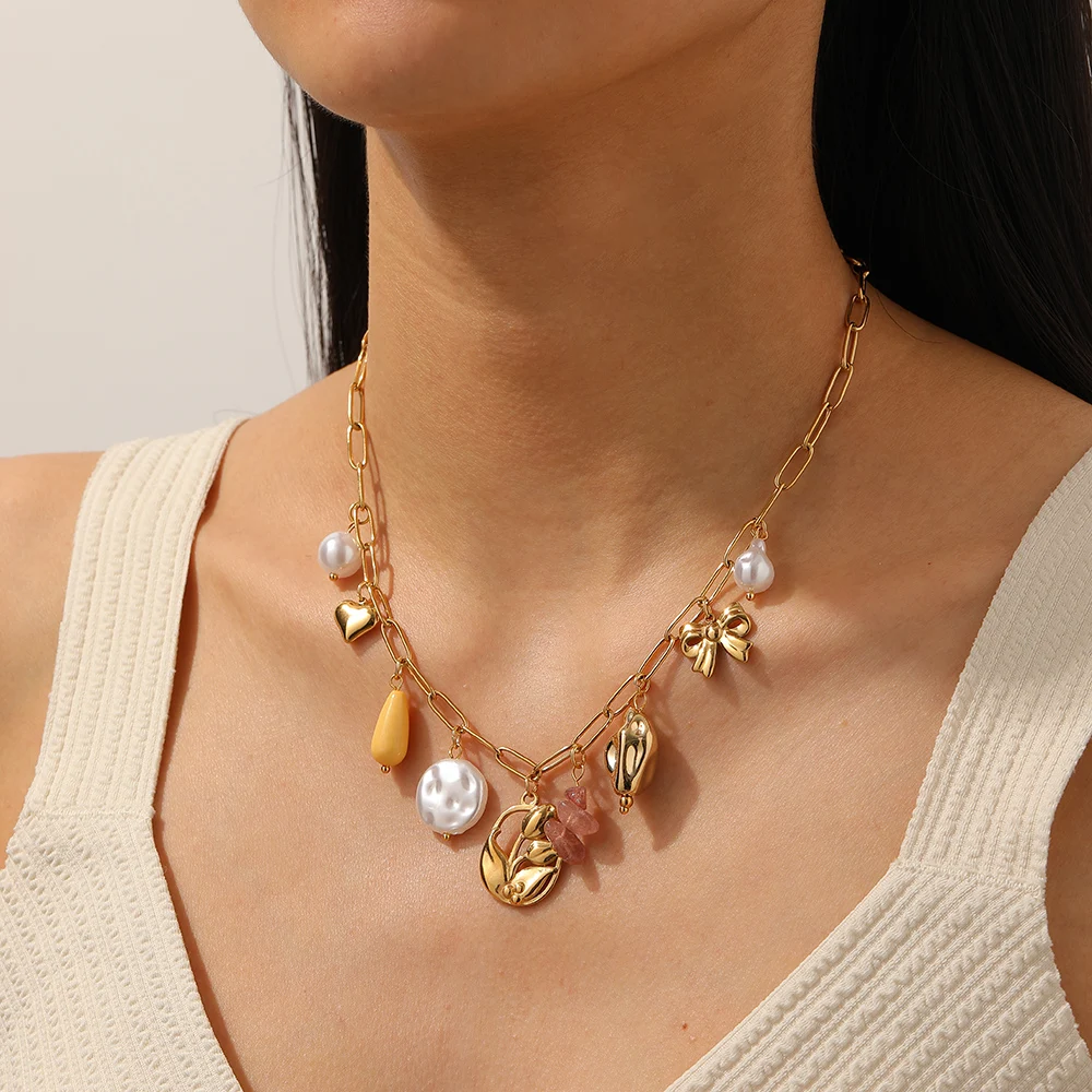 LAMENGLY 316L الفولاذ المقاوم للصدأ رومانسية زهرة الورد القلب Bowknot قلادة اللؤلؤ قلادة سيدة نوبل أنيقة سلسلة عنق مجوهرات