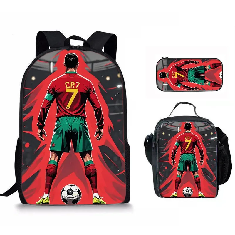 Casual Sports CR7 Print School Bag With Lunch Bag Pencil Case 3pcs Set Primary Student Boys Girls Backpacks Birthday Gifts