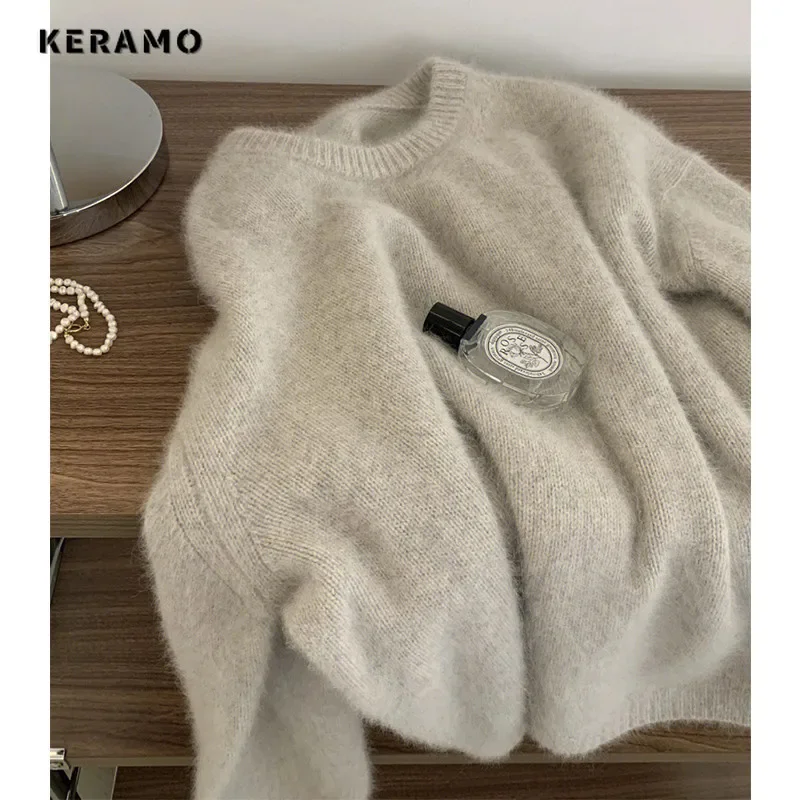 Women Autumn Winter Round Neck Solid Color Knitwear Sweaters Vintage Sweater Oversized Loose Long Sleeve Knitted Pullover Ladies