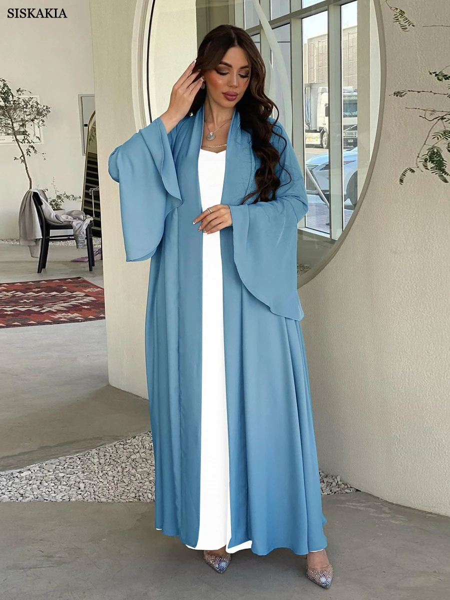 Siskakia Muslim Open Kimono Abaya For Moroccan Women Fashion Ruffle Sleeve Arab Dubai Clothing Jalabiyat Turkey Soft Gulf Robe