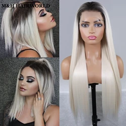 Perruque Bob Lace Front Wig synthétique, cheveux longs et lisses, ombré, blanc, blond, 13x3, racines foncées, pour femmes