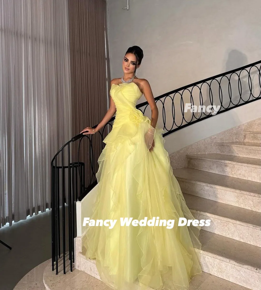 Fantaisie élégante jaune une ligne robe de soirée Organza sans manches robe de bal longueur de plancher dos Corset personnalisé