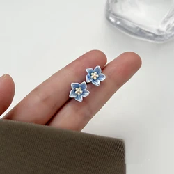 PONYKISS 925 Silver Bule Flower Stud Earrings for Women Party Cute Plant Fine Jewelry Minimalist Accessories