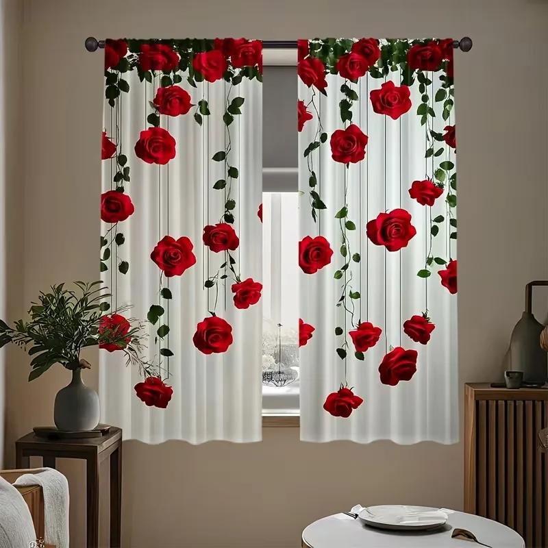 2 Stück transparente Vorhänge mit roten Rosenranken zum Aufhängen – romantische Fenstervorhänge mit Blumenmuster für Schlafzimmer- und Wohnzimmerdekoration