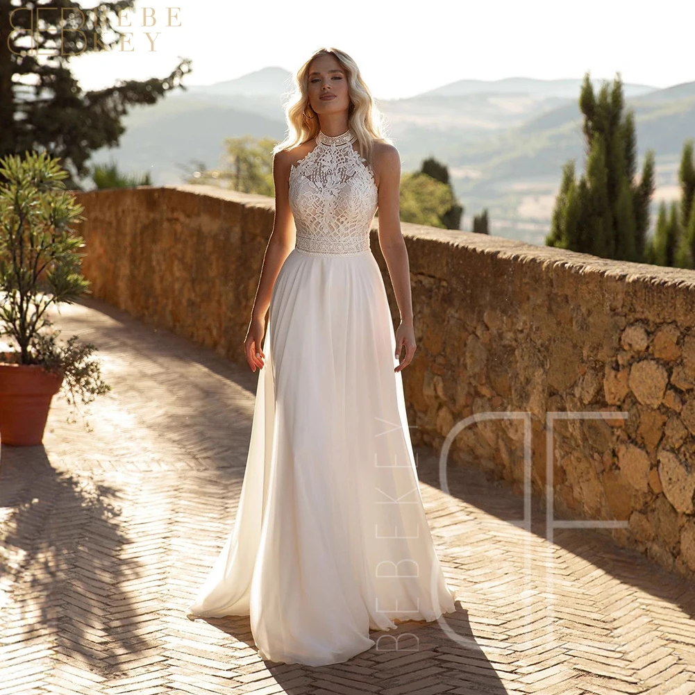 BEBEKEY Elegant Lace Halter Neck Wedding Dress Customized Exquisite Casual Bridal Dress Romantic Bridal Gown Vestido De Noiva