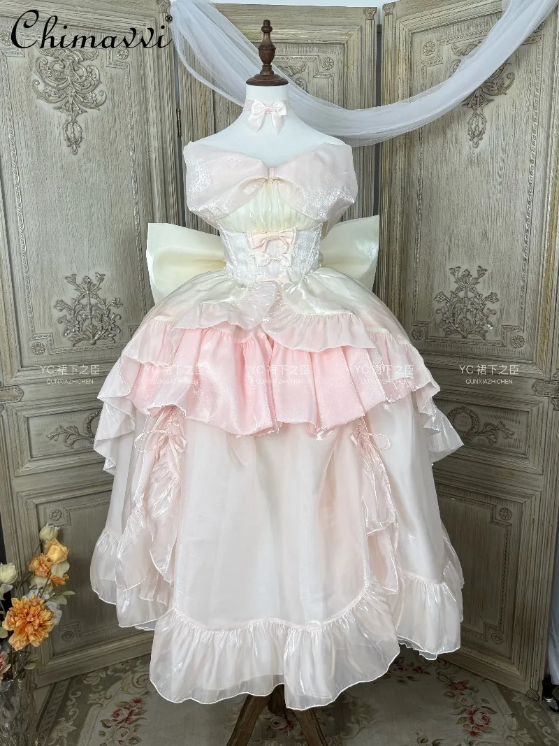 

Sweet Fairy Birthday Party Pink Princess Dress New Spring Summer Cute Bowknot High-waisted Adult Ceremony Tutu Girl Lolita Dress