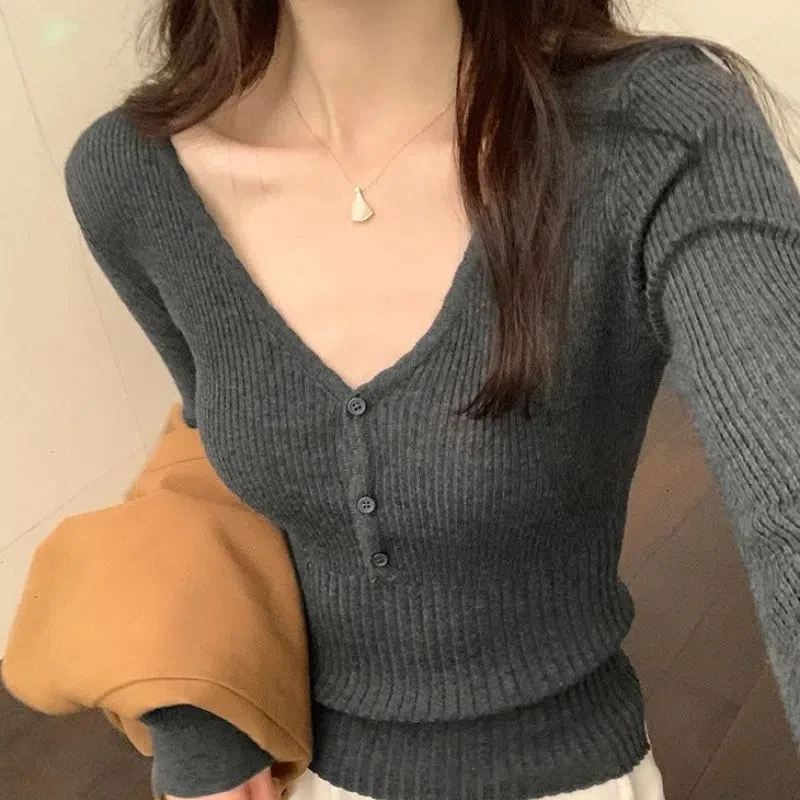 Autumn Winter V-Neck Screw Thread Solid Color Button Sweater Knitted Women\'s Clothing Long Sleeve Office Lady Sweet Chic Tops