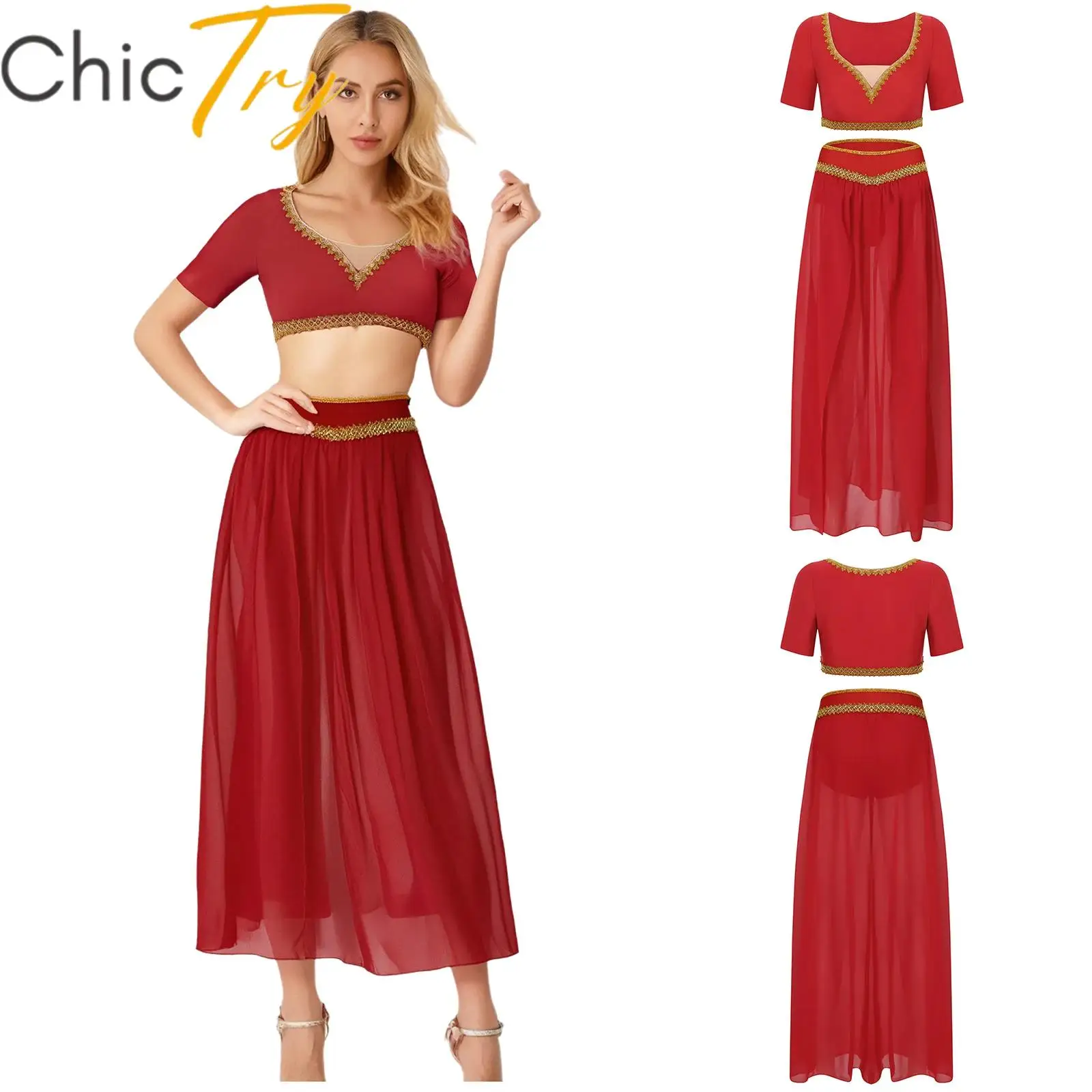 

Womens Belly Dance Sets Arab Princess Cosplay Costume India Dancewear Crop Top and Slit Chiffon Long Skirt Carnival Dress Up