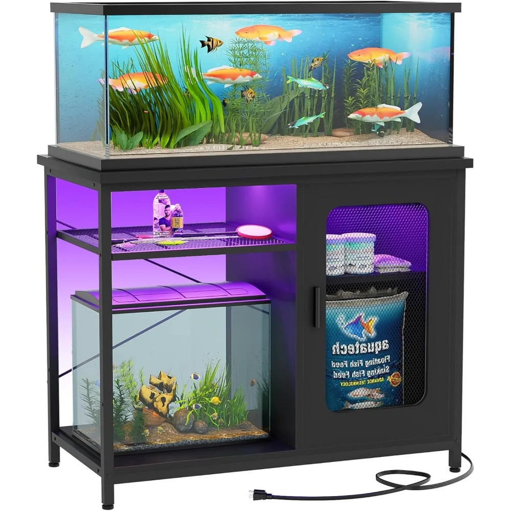 

20-29 Gallon Fish Tank Stand with Power Outlets & LED Light, Reversible Metal Aquarium Stand with Cabinet for Fish Tank