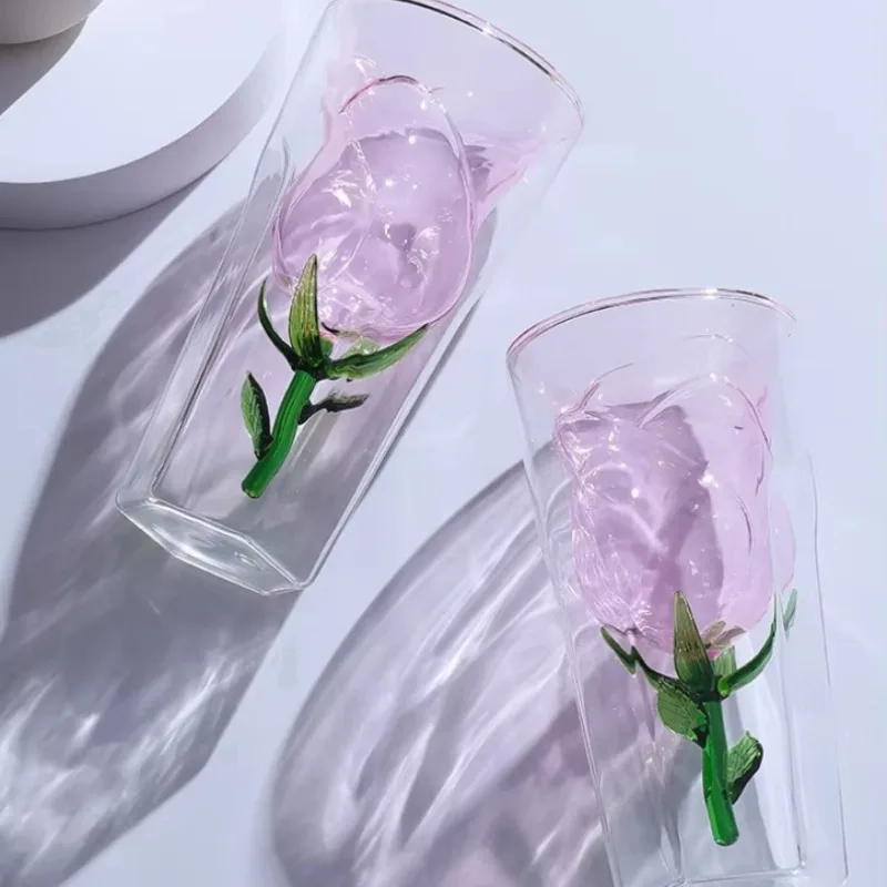 200ml Pink Rose Double Wall Glass Cocktail Coffee Romantic Wine Cup High Beauty Romantic Drinkware Elegant Home Barware Luxury