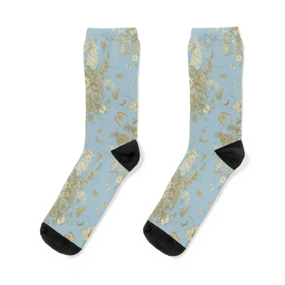 

Blue Gold Flower Toile de Jouy Inspired Botanic Pattern Socks snow christmas gifts anti-slip halloween Socks For Girls Men's