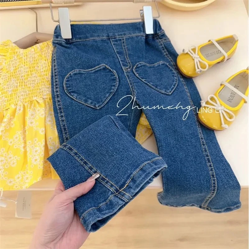 Girls\' Clothing Set 2023 Spring and Autumn Clothing Children\'s Yellow Bubble Sleeve Fragmented Blouse Shirt Jeans Two Piece Set