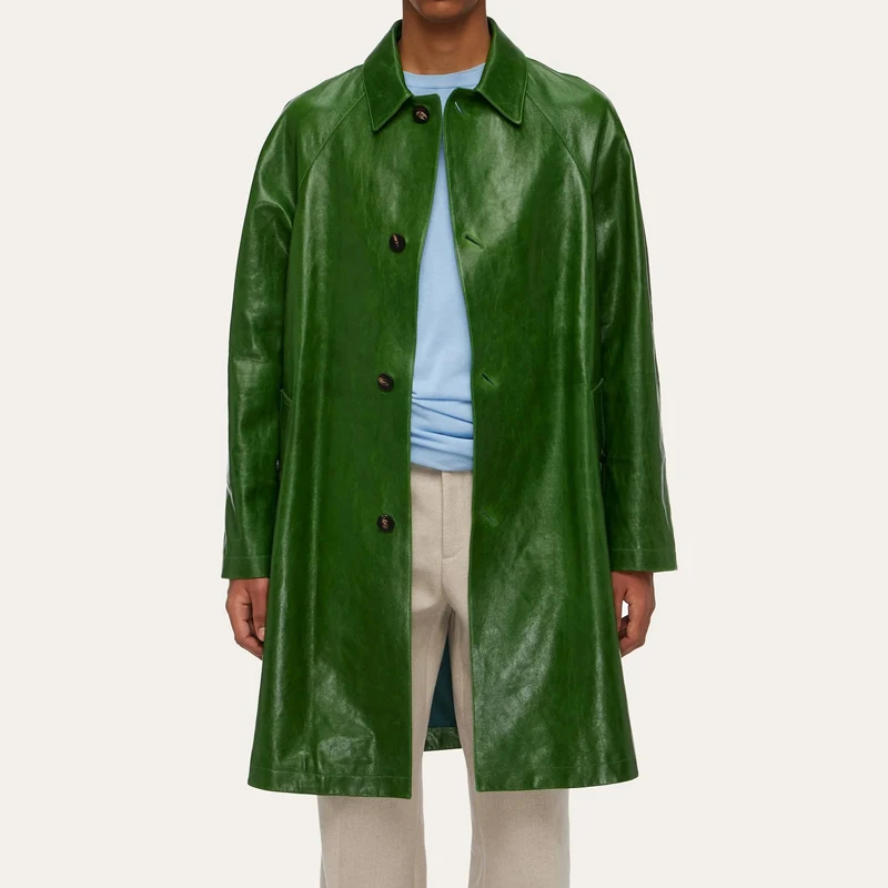 High quality sheepskin trench coat men classic green single breasted mid length British fashion custom windbreaker coat for men